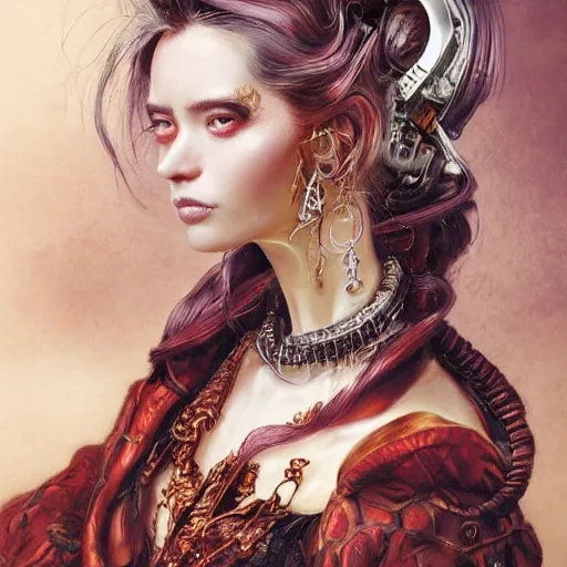 Prompt: portrait, headshot, insanely nice professional hair style, dramatic hair color, digital painting, of a old 17th century, old cyborg merchant, amber jewels, baroque, Chinese Three Kingdoms, ornate clothing, scifi, realistic, hyperdetailed, chiaroscuro, concept art, art by Franz Hals and Jon Foster and Ayami Kojima and Amano and Karol Bak,