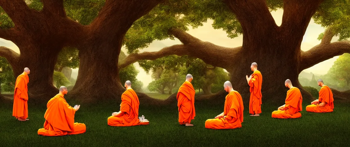 Prompt: hyperrealistic hyper detailed 35mm portrait of handsome cyborg monks praying to a giant oak tree matte painting concept art key sage jeff koons very dramatic orange lighting low angle hd 8k sharp shallow depth of field