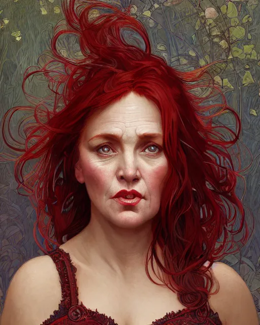 Image similar to portrait of short and plump 5 0 - year - old woman with red hair and a kind face, wearing dress, hyper realistic face, beautiful eyes, close up, fantasy art, in the style of greg rutkowski, intricate, alphonse mucha, hyper detailed, smooth