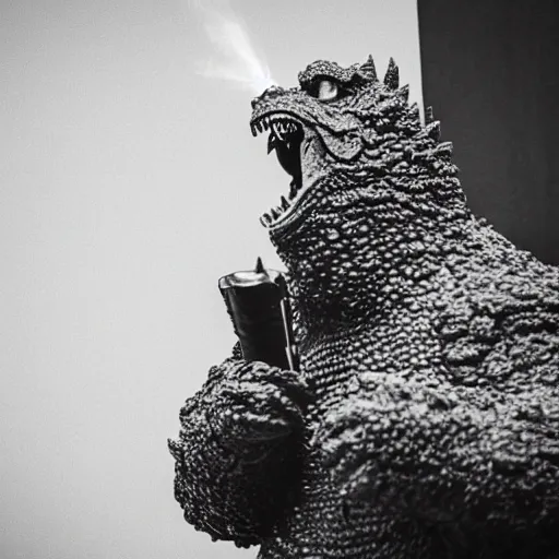 Image similar to anthropomorphic godzilla smoking cigarette, 5 5 mm