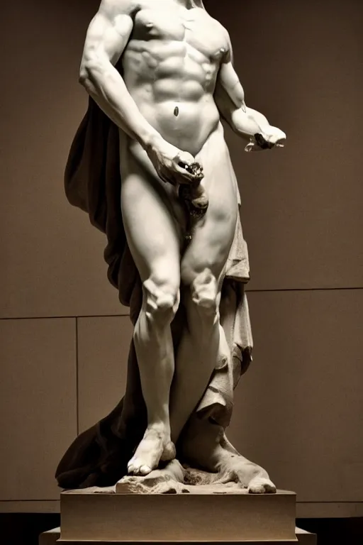 Prompt: Sam Hyde sculpted as a Greek God by Michaelangelo, sigma male, rule of thirds, award winning photo, unreal engine, studio lighting, set in Greek museum