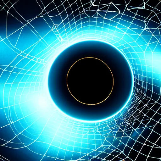 Image similar to a black hole inside a golden dodecahedron wireframe structure, deep blue and dark cyan nebula background, highly detailed artwork