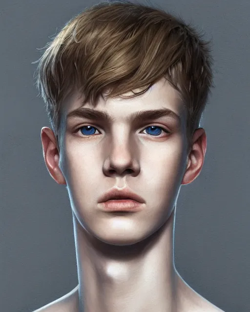 Image similar to portrait of 1 5 - year - old boy, a tall, slender boy with a pale, pointed face, white - blond hair, cold grey eyes, a pale complexion with sharp and pointed features, hyper realistic face, beautiful eyes, fantasy art, in the style of greg rutkowski, intricate, hyper detailed, smooth