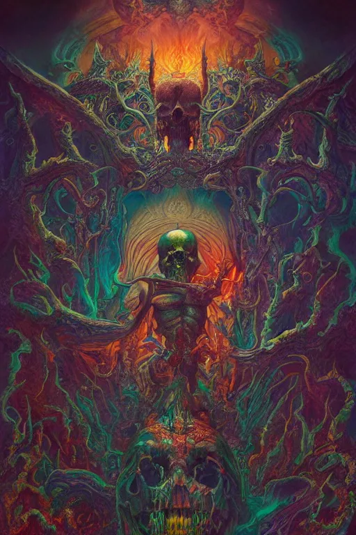 Image similar to gigantic psychedelic demonic skull lord of death and fire, fantasy painting, ultra realistic, wide angle, art nouveau, intricate details, rainbowshift, vivid colors, highly detailed by peter mohrbacher, h. r. giger, maxfield parrish, gustave dore, craig mullins, octane render, cgi