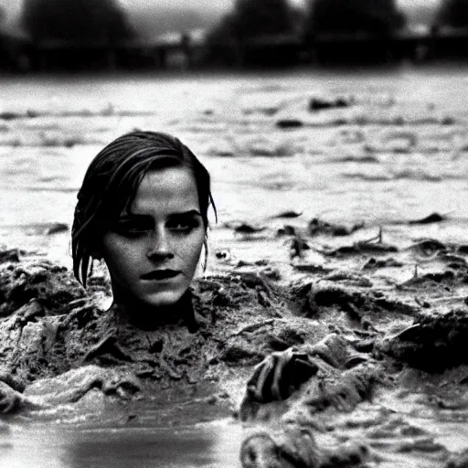 Image similar to film still, close up, emma watson rising out of muddy vietnam river, face covered in mud, low camera angle at water level, night time, film still from apocalypse now ( 1 9 7 9 ), 2 6 mm,