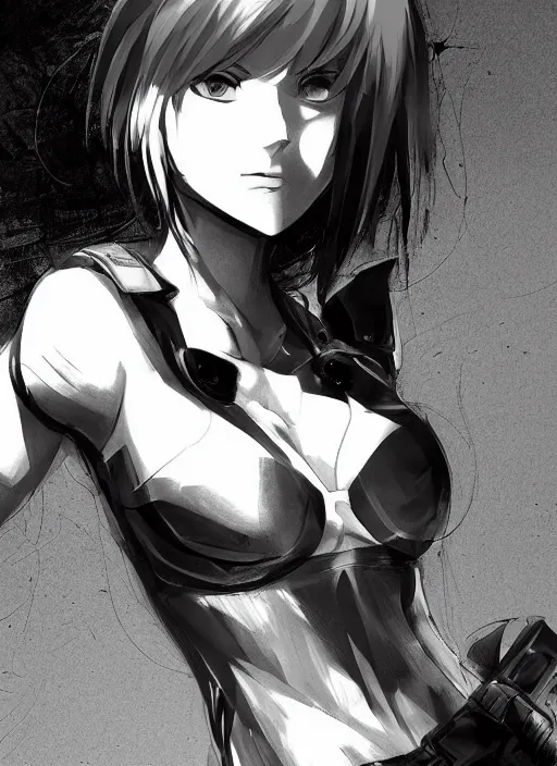 Prompt: digital pen lineart sketch of a motoko kusanagi, by gnomon, by ilya kuvshinov, trending on pixiv fanbox