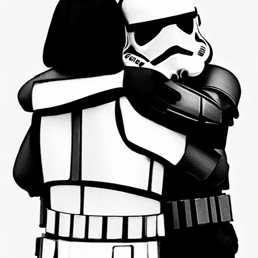 Prompt: a stormtrooper hugging an anime girl