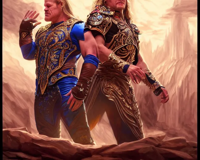 Image similar to chris jericho y 2 j wwf wwe wrestler lionheart, deep focus, d & d, fantasy, intricate, elegant, highly detailed, digital painting, artstation, concept art, matte, sharp focus, illustration, hearthstone, art by artgerm and greg rutkowski and alphonse mucha