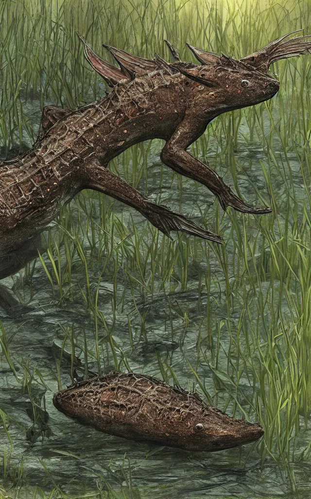 Image similar to diplocaulus living in a swamp, photorealistic, highlydetailed