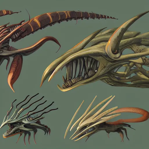 Image similar to concept art painting of alien creatures, detailed, cel shaded, in the style of makoto shinkai and moebius and james gurney