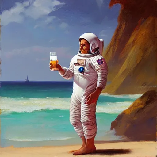 Image similar to An astronaut chilling at the beach and drinking a beer, oil on canvas by Frank Frazetta, artstation, digital art, WLOP, Mandy Jurgens