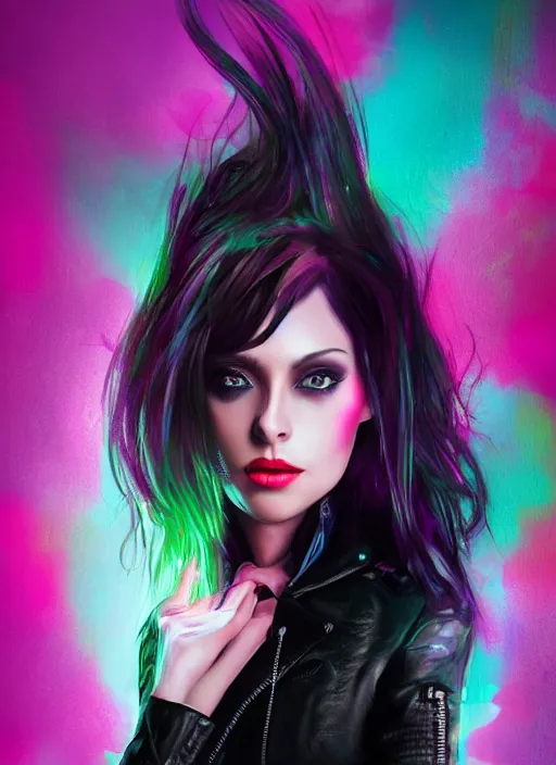 Image similar to a photo of 8 k ultra realistic a black haired female in high heels and a black leather jacket, pink, purple, green, yelow, red, blue, white neon, art by lise deharme