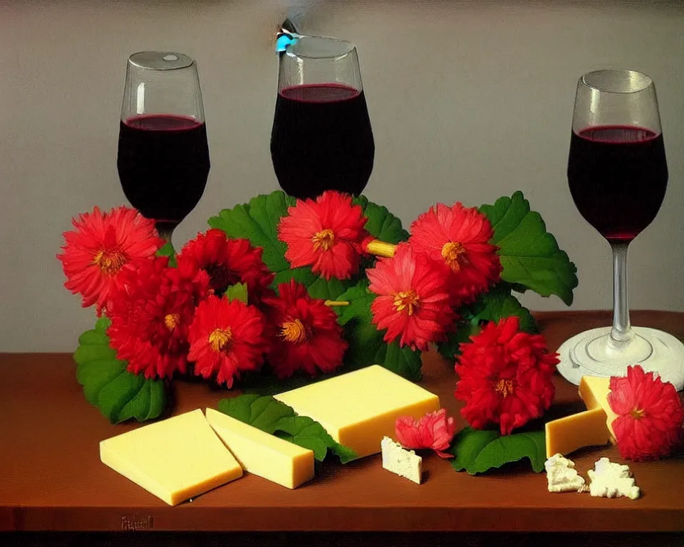 Image similar to an achingly beautiful still life featuring blooming flowers, tillamook cheese, and red wine by Raphael, Hopper, and Rene Magritte. detailed, romantic, enchanting, trending on artstation.