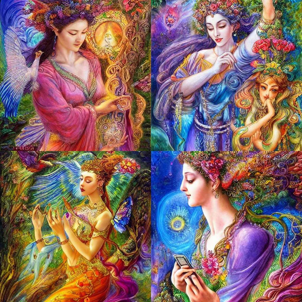 Prompt: goddess of nature, checking her phone, art by josephine wall, magic realism, fantasy, art by huang guangjian, art by amanda sage, viktoria gavrilenko