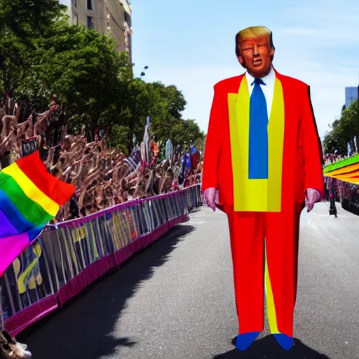 Image similar to donald trump wearing a rainbow suit at a gay pride parade