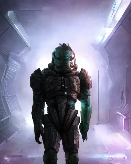 Image similar to Sci-Fi Crocodile alien, armored, big, art by Kashin, Wadim, Martinière, Stephan, holding rifle, sharp focus, pitch black cursed evil Spaceship hallway, dark light, soft purple glow, heroic pose, sci-fi artwork, octane render, dead space artwork, cyberpunk, warm light, occult, magical, volumetric lighting, 8k high definition, highly detailed, trending on art Station, centered, by Greg Rutkovski, sci-fi artwork, arnold render