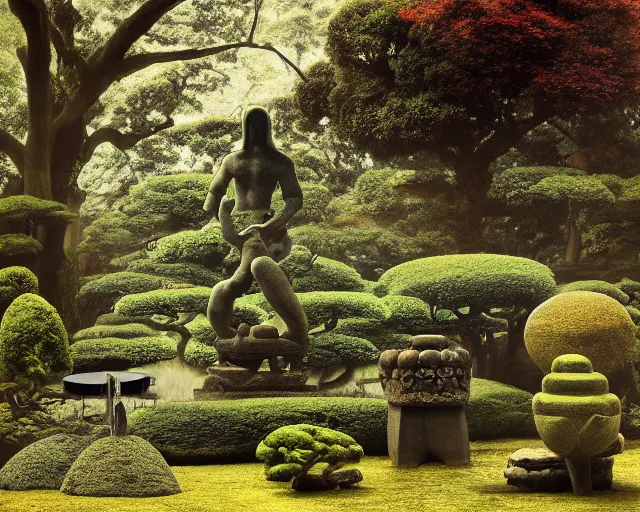 Prompt: strange weird pagan japanese garden with a gigantic statue fountain of an ancient god stretching its arms above the garden, digital art, oil painting, colorful, artstation, australian tonalism, minimalist, very clear, no blur, serene