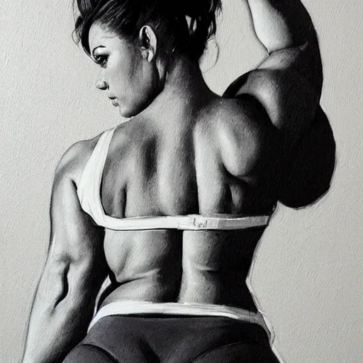 Prompt: greg manchess portrait of thick muscular weightlifter zarya from overwatch with ponytail and blond hair played by scarlett johansson showing back muscles, medium shot, asymmetrical, profile picture, organic painting, sunny day, matte painting, bold shapes, hard edges, street art, trending on artstation, by huang guangjian and gil elvgren and sachin teng