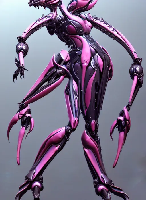 Image similar to extremely detailed goddess shot, front shot, low shot, of a beautiful saryn warframe, that's a giant beautiful stunning anthropomorphic robot female dragon with metal cat ears, posing elegantly, detailed sharp robot dragon claws, sharp clawed robot dragon feet, streamlined pink armor, thick smooth warframe thighs, long elegant tail, detailed warframe fanart, destiny fanart, high quality digital art, giantess art, furry art, 3D realistic, warframe art, Destiny art, furaffinity, DeviantArt, artstation, 8k HD, octane render