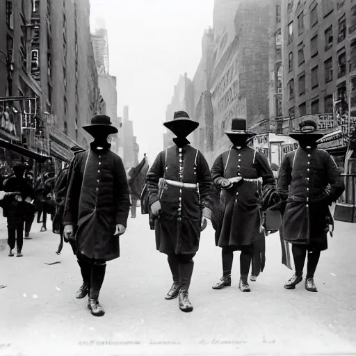 Prompt: old black and white photo, 1 9 1 3, depicting masked watchmen walking through the bustling streets of new york city, historical record