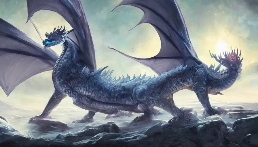 Prompt: epic ice dragon with trendy shapes in a nordic landscape under aurora and stars, set in the words of the Forgotten Realms and Guildwars2, painted by Hans Fredrik Gude, Greg Rutkowksi and Artgerm, concept art 2022, ultra realistic masterpiece
