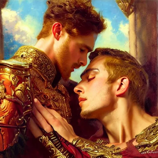 Image similar to attractive fully clothed king confesses his love for his attractive fully clothed male prince. highly detailed painting by gaston bussiere, craig muler, j. c. leyendecker 8 k