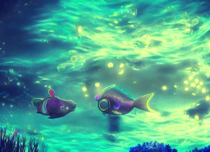 Image similar to underwater moonins looking at colorful bioluminescent fishes in the sky, hd-photography, trending on artstation