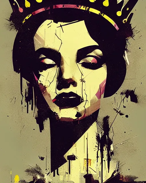 Image similar to mafia queen portrait, corrupted crown, dripping black gold paint, ismail inceoglu, tom whalen