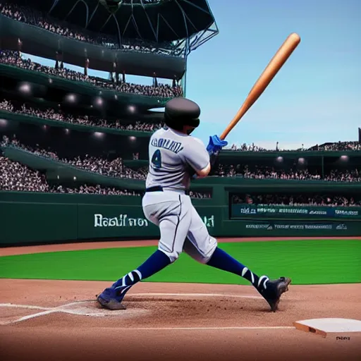 Image similar to seattle mariner baseball player hitting a home run at a full baseball park, photo realistic, found on artstation