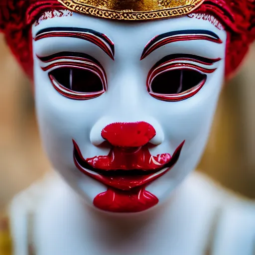 Image similar to highly detailed portrait photography steered gaze of a stern face, wearing a red venetian mask, in autumn, 105mm f2.8 at the grand budapest hotel