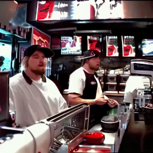 Image similar to a movie screenshot, slipknot band members working in a fast food restaurant, high quality, high detail