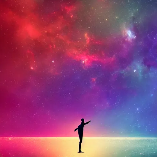 Image similar to wide shot of athletic man, inspiring pose, floating, silhouette, long shot, in a cosmic nebula background, matte colors, very very very dramatic, inspiring digital art trending on artstation