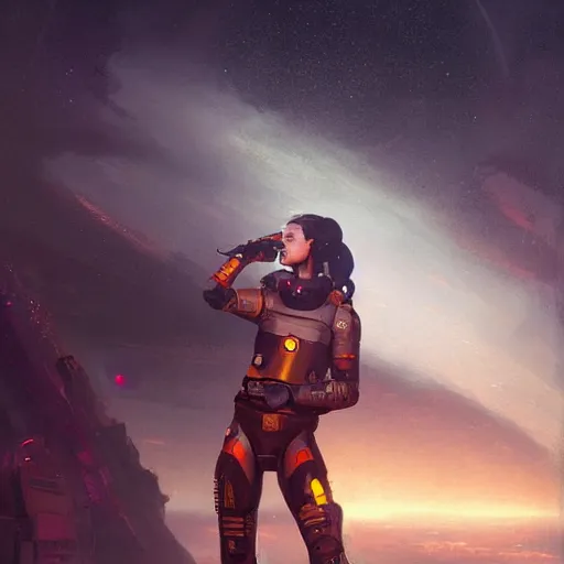 Image similar to a space soldier woman drinking beer from a space station bar, Matte painting , detailed painting, greg rutkowski