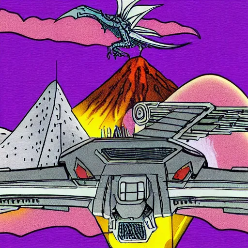 Image similar to a purple dragon fighting a retro spaceship with a volcano in the background