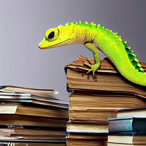 Image similar to the! geico! gecko on a table, being crushed to death by a stack of books, commercial, studio