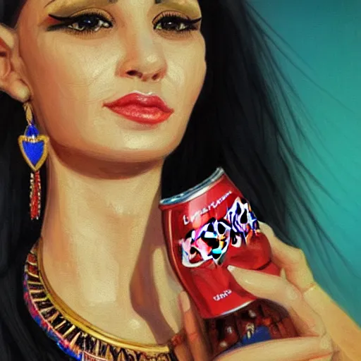 Image similar to a fancy portrait of cleopatra having a coca cola light during lunch break, concept art, detail, realistic, trending on art station, beautiful, colorful, dreamlike