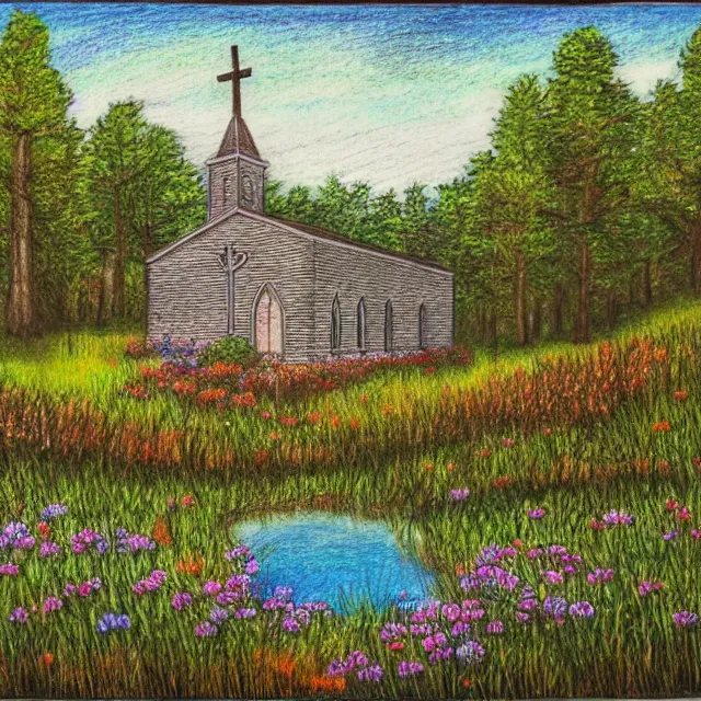 Prompt: abandoned church in a forest flower meadow with a pond landscape, colored pencil drawing