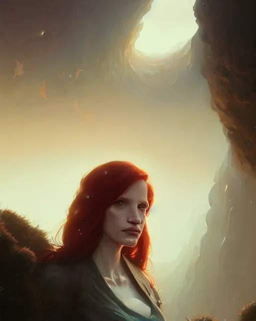 Prompt: portrait of jessica chastain, unreal engine, fantasy art by greg rutkowski, loish, rhads, ferdinand knab, makoto shinkai and lois van baarle, ilya kuvshinov, rossdraws, tom bagshaw, global illumination, fan art, radiant light, detailed and intricate environment