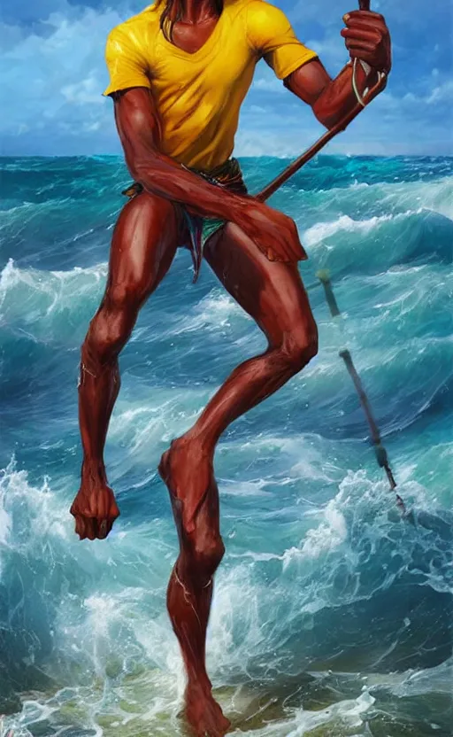 Image similar to character concept of a singular Jamaican fisherman posing in a battle stance in the Jamaican sea, colors of Jamaica, by Ross Tran and Artgerm and Peter Mohrbacher