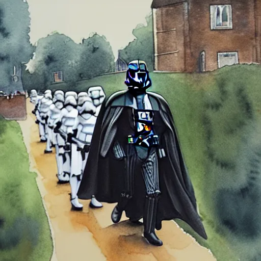 Prompt: a watercolor painting of darth vader leaving a church in a a quaint english village