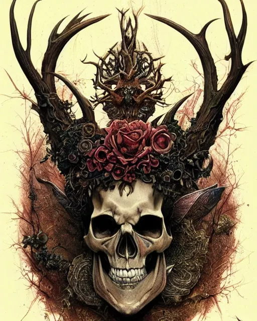 Image similar to perfectly centered portrait front view of a angry dead rotten beautiful dear skull growing ornamentation all around, ornate, detailed, symmetrical, elegant, beautifully soft lit, by wayne barlowe, peter mohrbacher, kelly mckernan