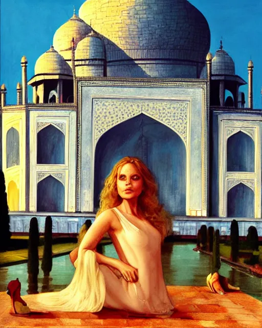 Prompt: tuesday weld visits the taj mahal by charlie bowater, by francine van hove, by alex horley, by tom chambers, by slim aarons