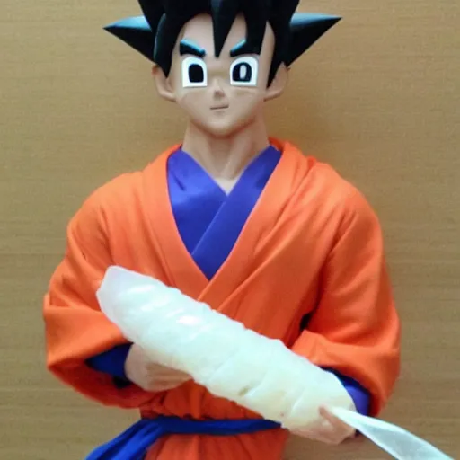 Image similar to goku with translucent, transparent, clear hair that is dressed up as a sushi in a sushi costume