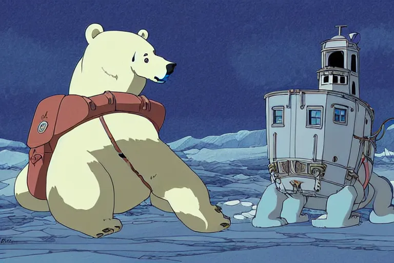 Image similar to cell shaded cartoon of a giant lovecraftian polar bear from howl's moving castle ( 2 0 0 4 ), with a mechanical city on his back as a backpack, on an icy road, full body, wide shot, very muted colors, post grunge, studio ghibli, highly detailed, deviantart, art by artgem