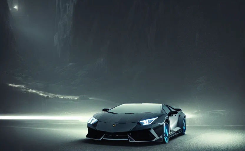 Image similar to a black Lamborghini in the mountain road at night whit cyan headlights on, by Khyzyl Saleem, night time, atmospheric, artstaion, concept art, illustration, sharp focus, high detail, octane render, cyberpunk, intimidating