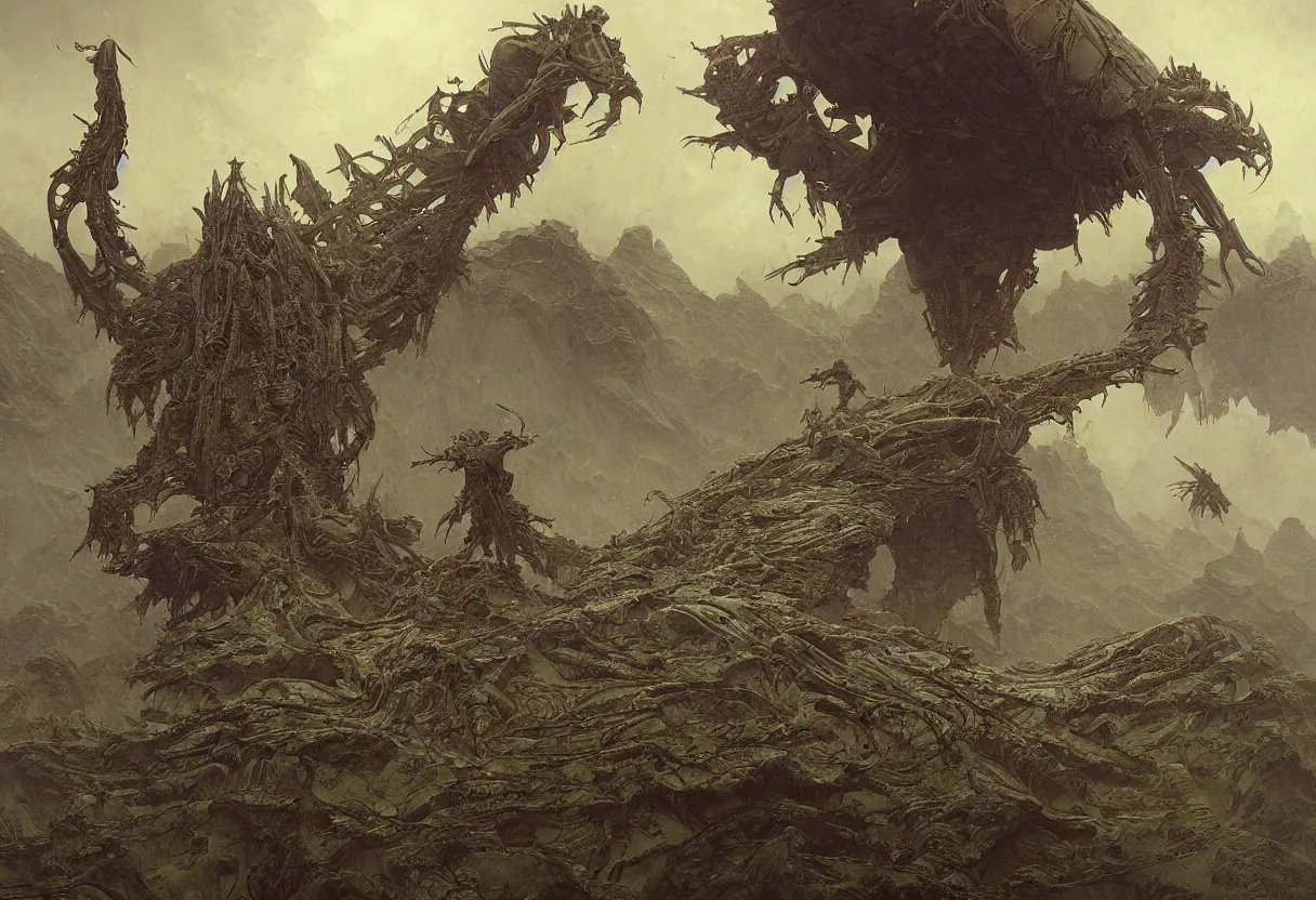 Prompt: a gargantuan insect carcass on an alien planet with two astronauts in the foreground for scale, by daniel - by greg rutkowski and raymond swanland hr giger and zdzislaw beksinski and alphonse mucha and moebius, matte painting, hyperdetailed, symmetry, art nouveau, beautiful render, concept art