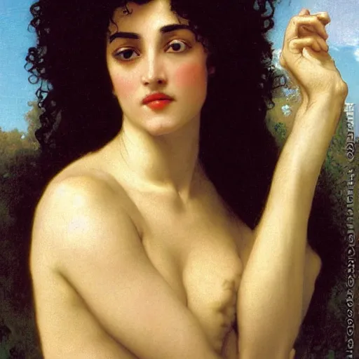 Image similar to oil painting of a portrait of a Queen dark curly hair, fair skin, by Bouguereau, by Patrick Nagel, by Georgia O Keeffe, by Gustave Moreau, art deco, matte drawing, storybook illustration, tonalism, realism