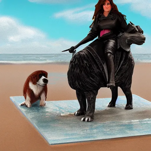 Image similar to girl riding a giant saint Bernard at the beach, trending on artstation