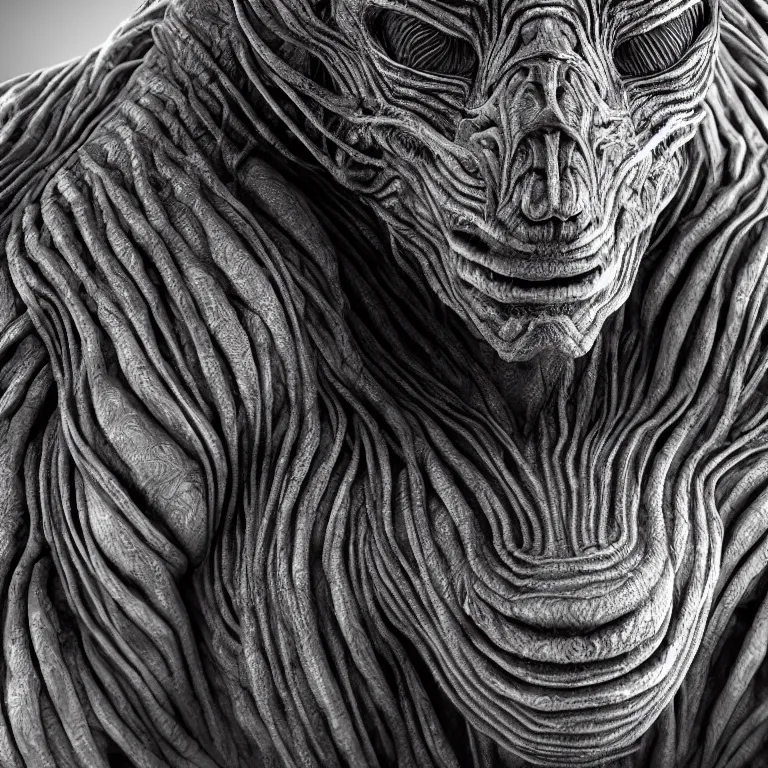 Image similar to surreal spinal ribbed tribal exotic organic face portrait of a beautiful alien animal creature monster, beautiful detailed intricate insanely detailed BW 3D render digital art, octane render, 8K artistic photography, photorealistic