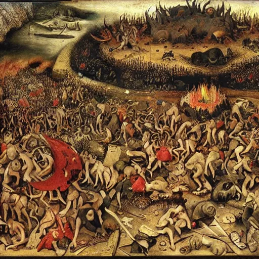 Prompt: satan celebrates his birthday in hell among demons, style pieter bruegel
